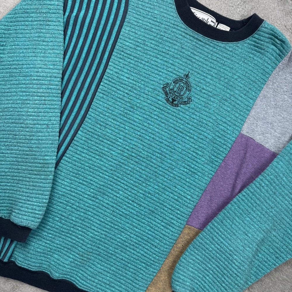 Riccardo Sweatshirt Mens Large Teal Vintage 90s Colorblock Ribbed Excellent 4341